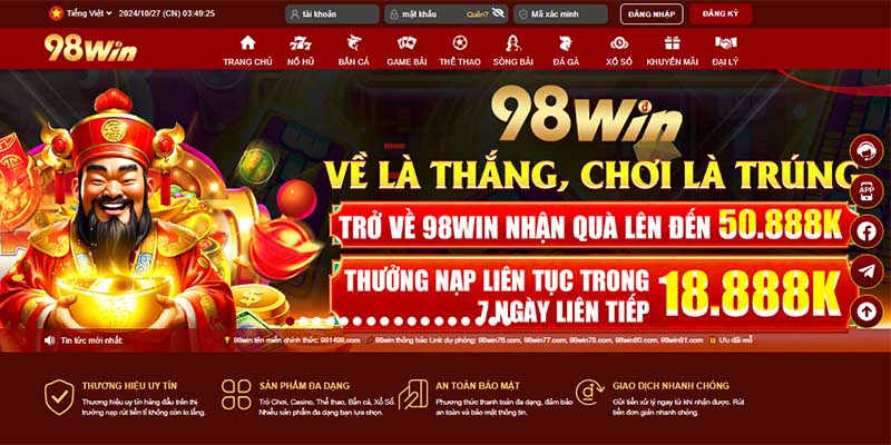 Các bước đăng nhập tài khoản thành viên 98win trên máy tính